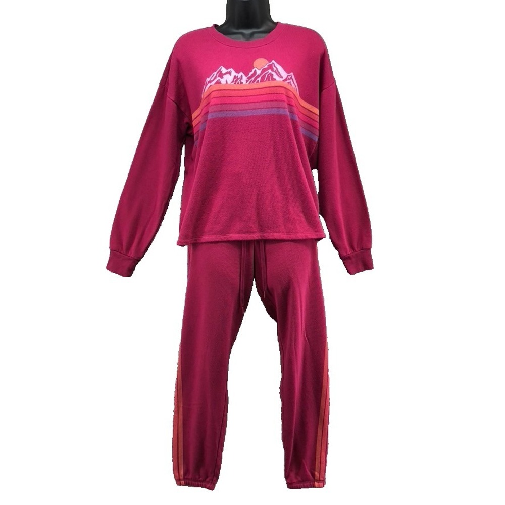 PJ Salvage Sweatsuit Womens Small Pink Graphic Pants Sweatshirt Comfort Lounge